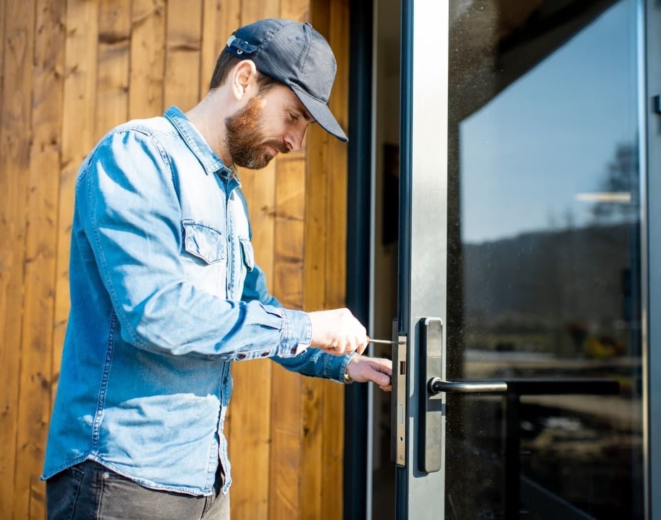 Commercial door with high-security hardware